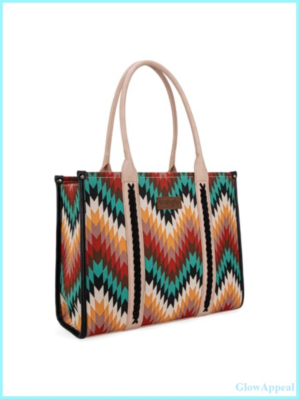 Western Structured Tote Bag with Laptop Compartment Canvas Cotton Vegan Leather